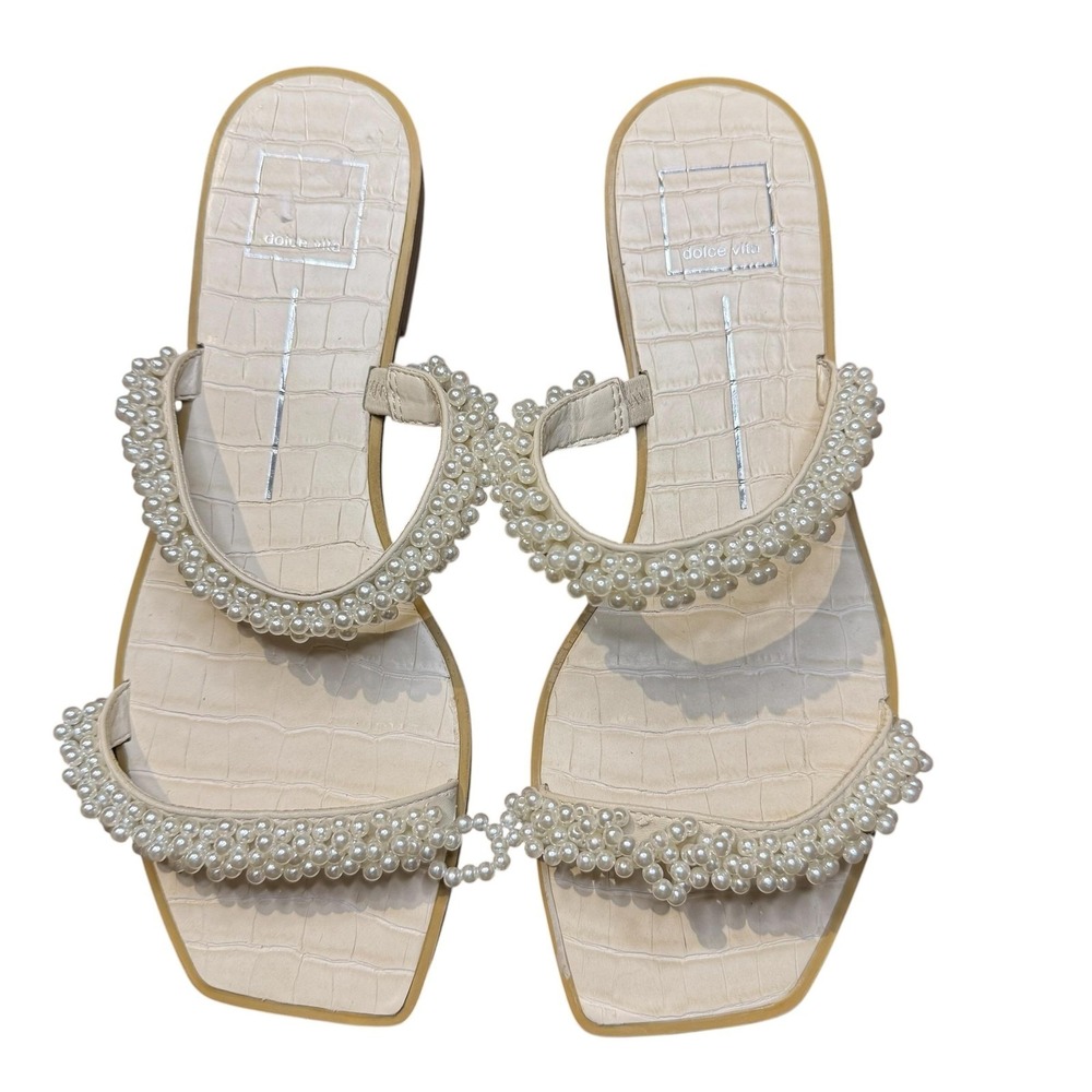 Dolce Vita Shoes Womens Size 9 White Pearl Beaded Slide Sandals Flat Dressy